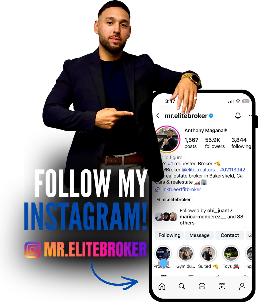 Anthony Magana pointing to his Instagram profile, @mr.elitebroker
